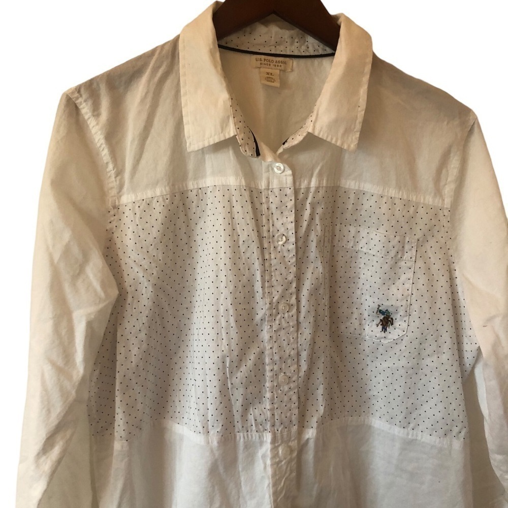Vintage White polo button up shirt polka dot Coastal Grandma Preppy Old Money - Picture 6 of 7